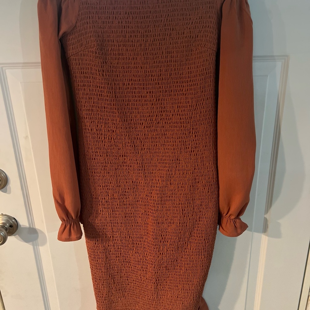 Baltic born Esther women’s S smocked Ruffle Bodycon dress- Terracotta